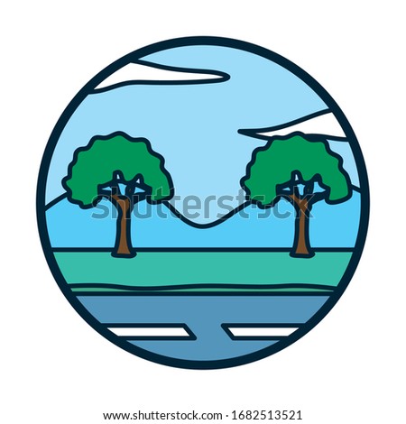trees clouds and street line and fill style icon design, Landscape nature earth eco ecology conservation bio environment and outdoor theme Vector illustration