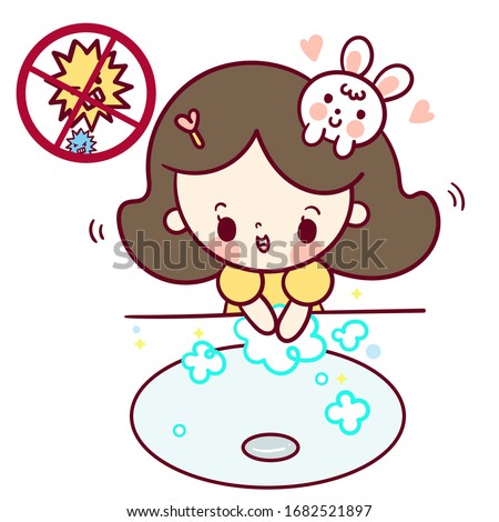 Girl Washing Hands Vector in Washbasin Illustration flat style anti bacteria, Kawaii character doodle: series hygiene Daily Personal Care. Hand drawing or instructional media inspiration poster.