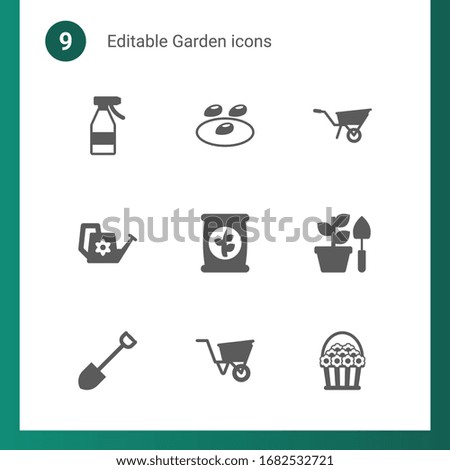 9 garden filled icons set isolated on . Icons set with Spray bottle, seeds, Wheelbarrow, Watering can, fertilizer, Gardening, Shovel, wheelbarrow, flower basket icons.