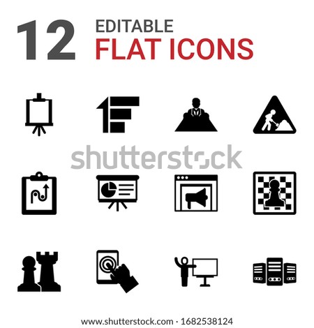 12 board filled icons set isolated on white background. Icons set with Easel, Priority, director, tactics, Presentation, construction works, Strategy game, testing, coach icons.
