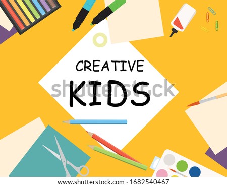 Creative kids lab top view table. Painting, cutting paper and sketching. Vector illustration