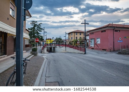 Little Italian city during an epidemic. Deserted streets. No people. No cars. No one. Manzano, Friuli-Venezia Giulia. Italy