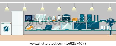 Modern electronics store interior, vector flat illustration. Fridge, washing machine, other consumer electronic products and home appliances on shelves for poster, banner etc. Royalty-Free Stock Photo #1682574079
