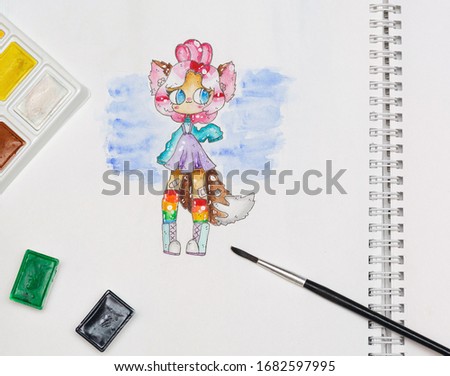Cute watercolor fox girl stock illustration painted in sketchbook 