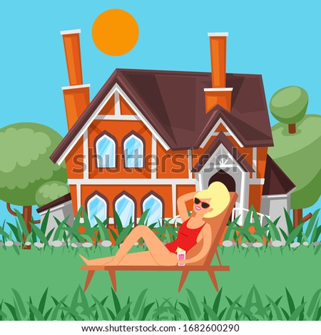 Relax day woman taking sun bath outdoors leisure at summer country house cartoon vector illustration. Lady lies on bentch on grass in village, country rural landscape with small cottage.