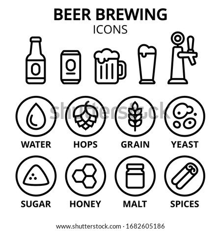 Beer brewing icon set. Beer making ingredients, glasses and containers. Simple line icons, vector illustration. Royalty-Free Stock Photo #1682605186