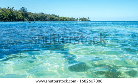 The tropical environment of a beautiful island of Panamanian archipelago with white sand beaches and tirquise clear water of the Caribbean sea during a sunny day. Summer outdoor holiday wallpaper.