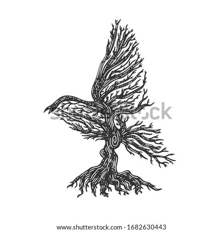 tree in shape of bird without leaves sketch engraving vector illustration. T-shirt apparel print design. Scratch board imitation. Black and white hand drawn image.