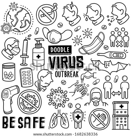 Coronavirus outbreak doodle drawing collection. Elements such as covid-19, coronavirus, prevention, symptom,  etc are included. Hand drawn vector doodle illustrations isolated over white background.
