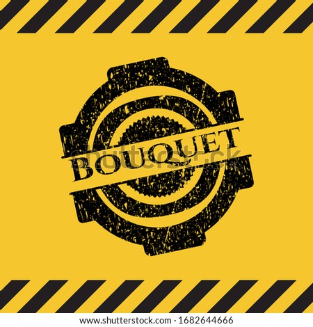 Bouquet black grunge emblem, yellow warning sign. Vector Illustration. Detailed.