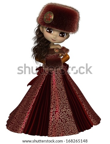 Pretty dark haired toon princess wearing a red dress and winter furs, 3d digitally rendered illustration