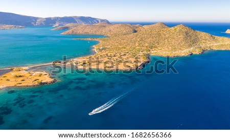 Aerial view of a pleasure boat with tourists. Elounda, Crete, Greece