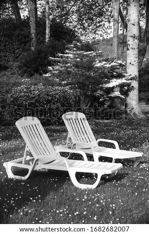 Two deck chairs in empty resort garden. Canceled vacation background. Travel restrictions concept. Black white photo.