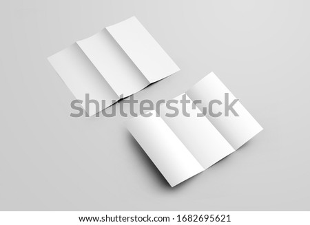 Mockup open diagonal trifolds, standard size for presentation design, front and back views. Brochure template with roll fold with realistic shadows. Set of leflets isolated on gray background.