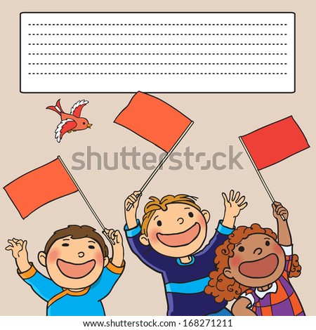 Kids peeping with flags and bird. Text space. Back to School isolated objects on white background. Great illustration for a school books and more. VECTOR. Editorial. Education. Advertising. Board.