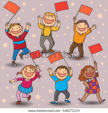 Six happy children with little RED flags walking together. Back to School isolated objects on white background. Great illustration for a school books and more. VECTOR. Editorial. Education.