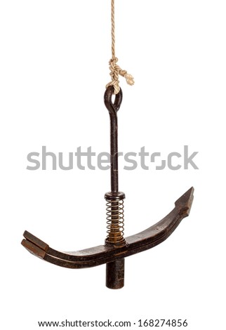 Iron anchor with spring on rope isolated over white background