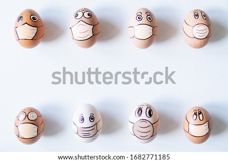 Diverse chicken eggs with doodle faces wearing medical masks. Conceptual image of pollution and epidemy