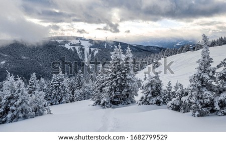Snowy Landscape during sunset in the austrian Alps with snow covered trees in a forest and wind wheel turbine in the Background Royalty-Free Stock Photo #1682799529