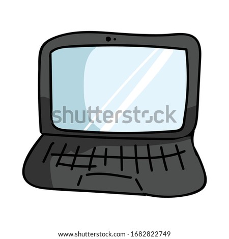 Cute cartoon laptop with keyboard for communication computer vector clipart. Office internet job for working at home convenience. Stylized business device illustration. Isolated screen pc EPS 10. 