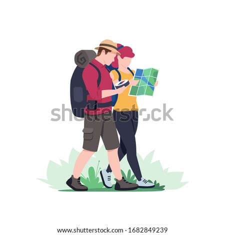 Couples hiking man and woman with backpack is traveling in outdoor. Trekking and hiking tours. Exploration trekking. Tourism and adventures in nature. Vector illustration flat style. Royalty-Free Stock Photo #1682849239