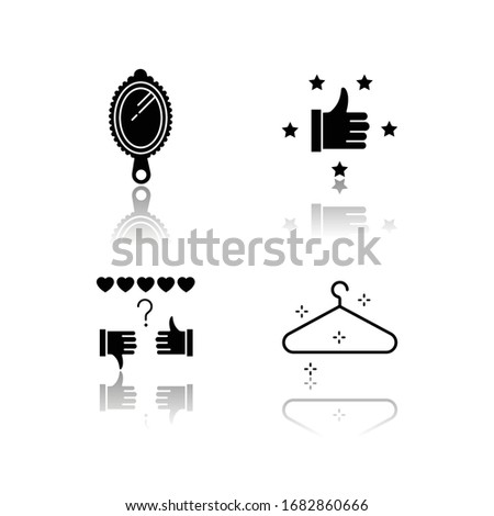 Fashion and beauty drop shadow black glyph icons set. Recommendation with five stars. Review rate. Empty hanger. Wardrobe for clothes. Satisfaction level. Isolated vector illustrations on white spaces