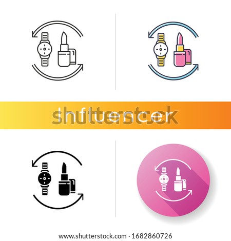 Barter icon. Swap products. Marketing strategy. Economic deal with goods. Exchange beauty and fashion items. Retail and commerce. Linear black and RGB color styles. Isolated vector illustrations