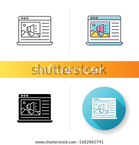Advertising insert icon. Website page with ad. Laptop display with promotion on site. Digital marketing, loudspeaker sign. Linear black and RGB color styles. Isolated vector illustrations