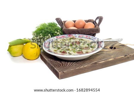 The easter composition. National Greek soup "Magiritsa" in a bowl, which is prepared once a year on Easter, on a white background close-up