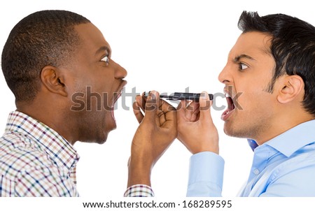 Closeup portrait of two men yelling screaming shouting on opposite ends of phone, isolated on white background. Negative human emotion facial expression feeling, attitude. Interpersonal conflict 