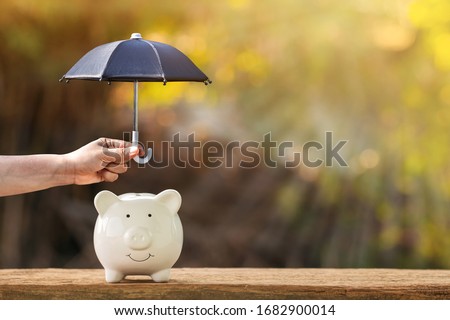 Piggy bank and woman hand hold the black umbrella for protect on sunlight in the public park, to prevent for asset and saving money for buy health insurance concept. Royalty-Free Stock Photo #1682900014