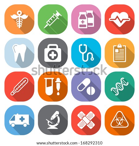 Trendy flat medical icons with shadow. Vector elements