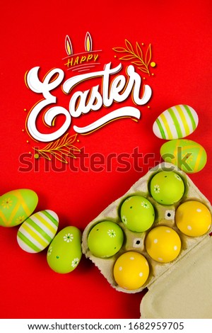 Bird nest with  decorated eggs on a red background with text Happy Easter
