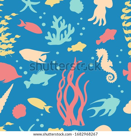 Vector seamless pattern with sea fish silhouettes on a blue background. For design of covers, books, packaging, print on wallpaper, textiles