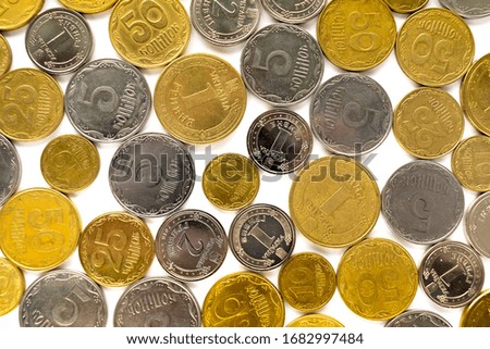 Background from coins. Ukrainian coins. Top view. Flat lay