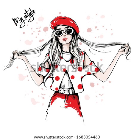 Hand drawn beautiful young woman in sunglasses and red beret. Fashion woman in spotted shirt. Stylish girl holding her long hair. Fashion woman look. Sketch. Vector illustration. Royalty-Free Stock Photo #1683054460