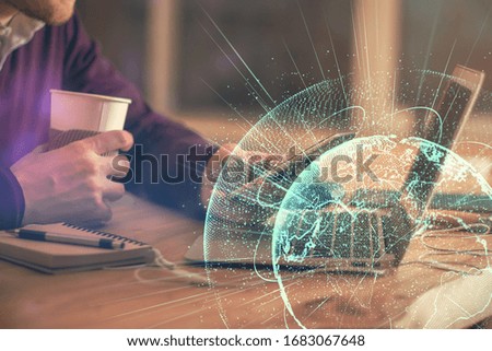 Double exposure of man's hands holding and using a phone and social network theme drawing.