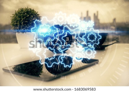 Double exposure of financial theme drawing and cell phone background. Concept of business