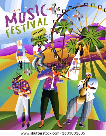 Music festival! Vector cute illustration of live music festival. Musicians play musical instruments, people dance and have fun at summer party free event. Drawings for banner, card, poster or postcard