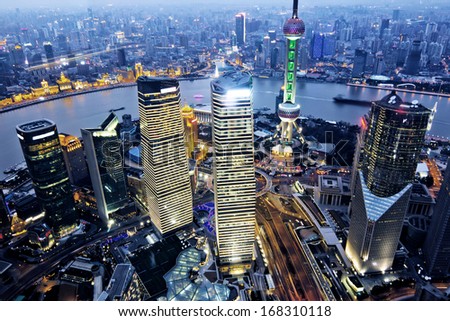 aerial view of shanghai at night from jinmao building Royalty-Free Stock Photo #168310118