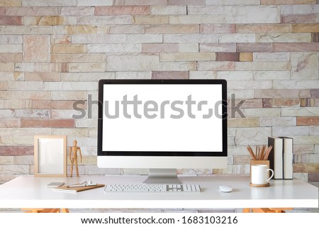 Workspace desk and laptop. copy space and blank screen. Business image, Blank screen laptop and supplies. Royalty-Free Stock Photo #1683103216