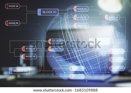Abstract creative coding illustration with world map on modern computer background, international software development concept. Multiexposure