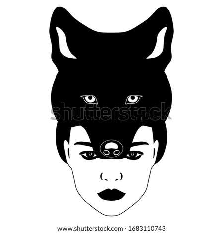 Isolated vector illustration. Lady coyote. Head of a beautiful girl in animal totem mask. Black and white silhouette.