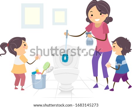 Illustration of Stickman Kids and their Mother Cleaning the Toilet as Part of their Household Chores