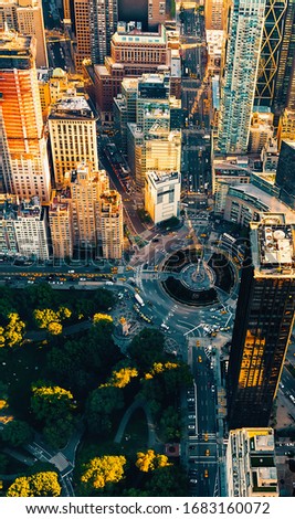 Aerial view of Columbus Circle and Central Park in New York City at sunset