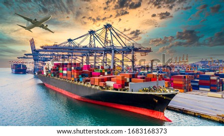 Container cargo ship, Global business import export commerce trade logistic and transportation worldwide by container cargo ship boat in the open sea, Freight shipping maritime vessel. Royalty-Free Stock Photo #1683168373