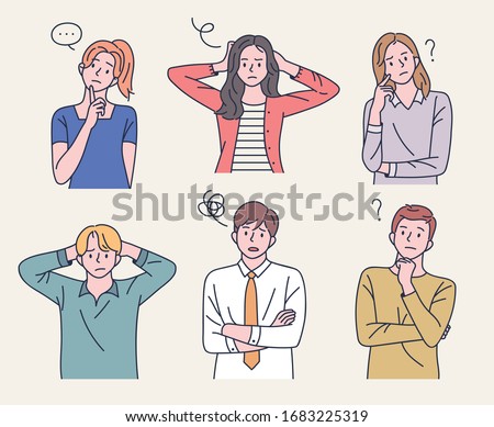 Men and women are taking quizzes and thinking or making difficult expressions. flat design style minimal vector illustration.
