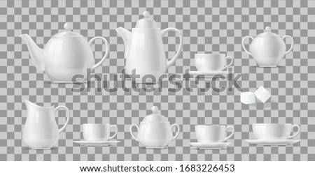 Tea or coffee set realistic vector design of hot beverage and drink white ceramic cups and pots. 3d porcelain teapots, mugs, kettle and saucers, sugar bowls, creamer pitcher and sugar cubes Royalty-Free Stock Photo #1683226453