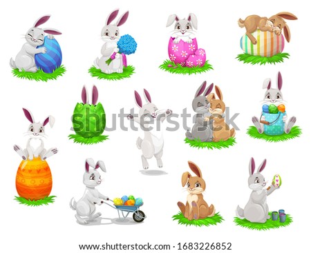 Easter cartoon rabbits with painted eggs isolated vector characters. Bunnies on easter egg hunt, egghunting party, Christian religious spring holiday, rabbit characters play and jump on green grass Royalty-Free Stock Photo #1683226852