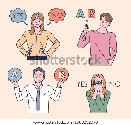 Choose between A and B. People are thinking about the decision. flat design style minimal vector illustration.